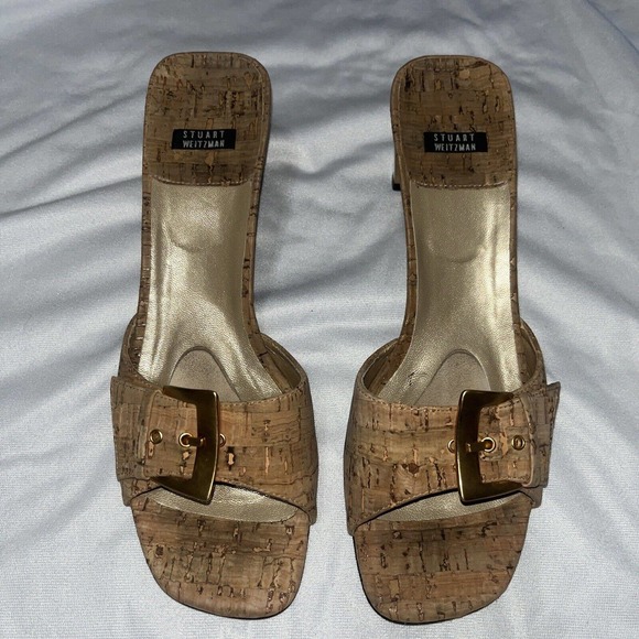 Stuart Weitzman Cork Gold Heels Size 8 - Picture 1 of 10
